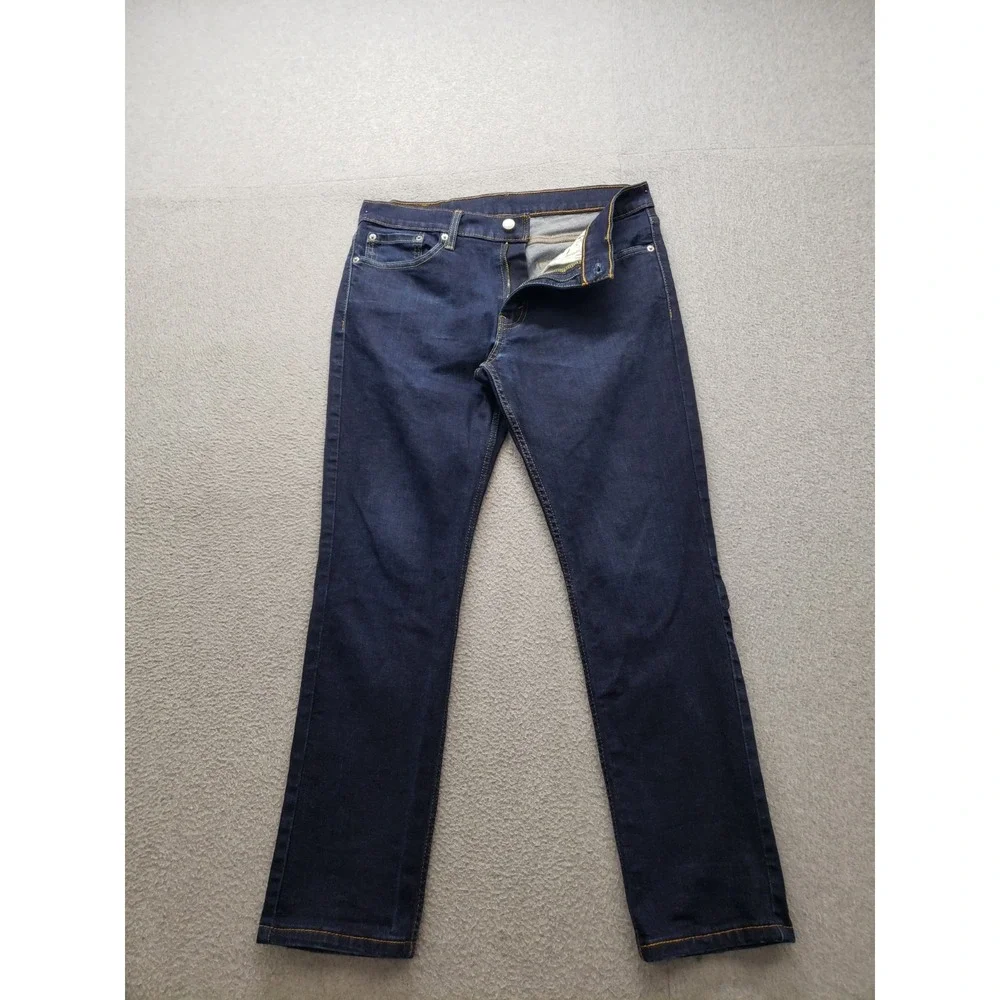 Levis Men Denim Jeans 32 Blue Logo Button 5 Pockets Mid Rise Stretched Outdoor